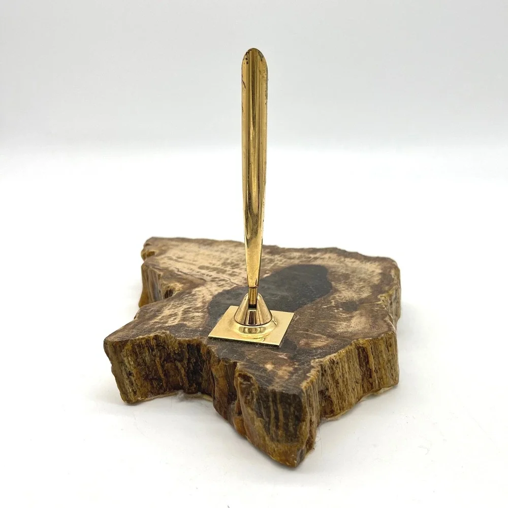 Vintage Petrified Wood Pen Holder with Gold Tone‎ Nib Holder Desk Accessory